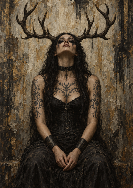 Seated black-haired woman in dark gothic clothing beneath branching antlers against a pale distressed wall.