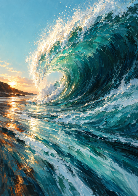 Large blue-green ocean wave curling above foamy water beside a narrow shoreline at sunset.