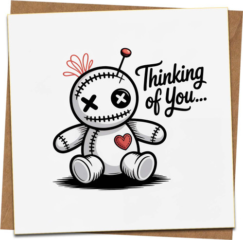 Thinking of You Humorous Voodoo Doll Greeting Card - Cute Heart Illustration, 145mm x 145mm Square, Blank Inside, With Kraft Envelope - Get Well, Sympathy, Miss You, Encouragement Card