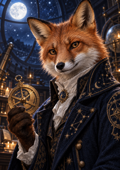 Anthropomorphic red fox in a star-embroidered navy coat holding a brass astrolabe-like instrument in a moonlit observatory.