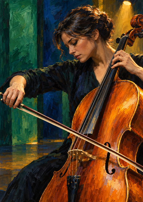 Adult woman cellist with lowered gaze bowing an amber cello against an emerald and ultramarine performance-room background.