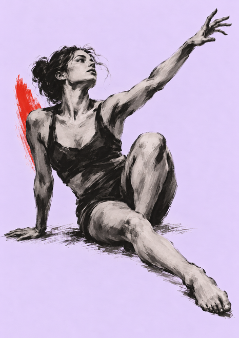 Adult woman dancer seated on the floor, one hand grounded and one arm raised, in black ink-like strokes on pale lilac.