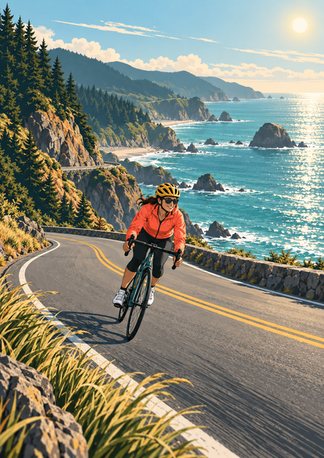 A helmeted cyclist in a coral jacket rides a winding road above a rocky coastal shoreline and teal sea.