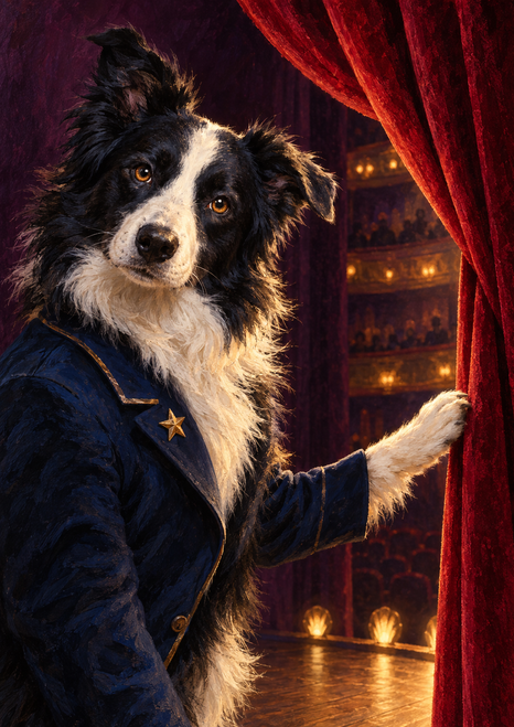 Black-and-white border-collie-like dog in a dark blue jacket touching a red theater curtain, with warm auditorium lights behind it.