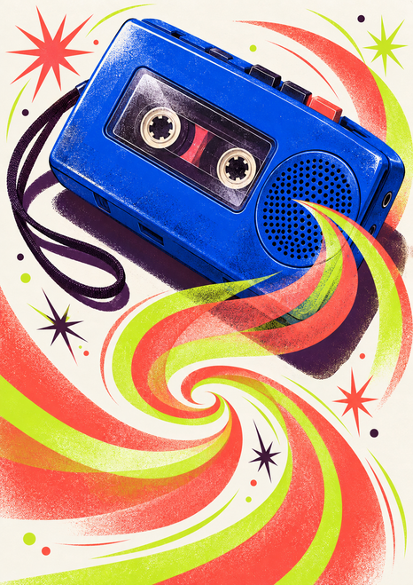 A diagonal cobalt-blue cassette player with cassette reels, surrounded by coral and lime ribbons and starbursts.