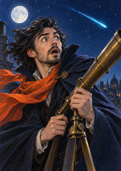 An adult man in a dark cloak and orange scarf looks up while holding a brass telescope beneath a full moon and meteor.