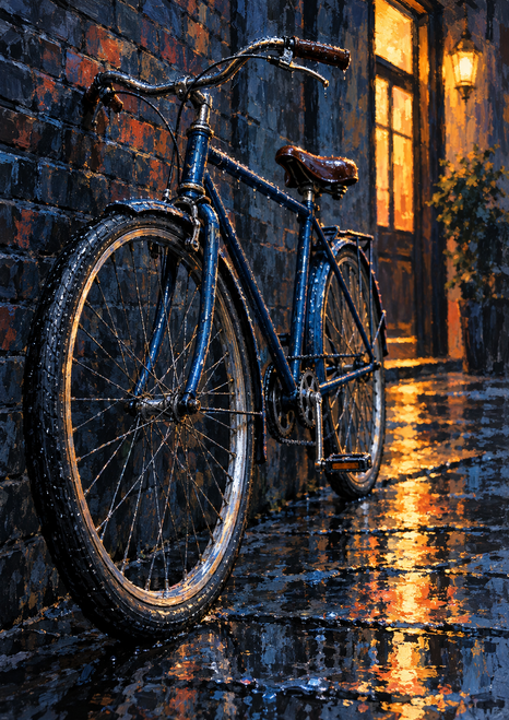 Dark city bicycle standing on wet pavement beside a brick wall and a glowing amber doorway.