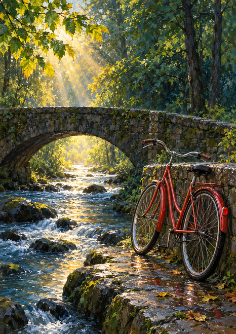 Red bicycle beside a flowing stream and stone bridge in a sunlit forest after rain.