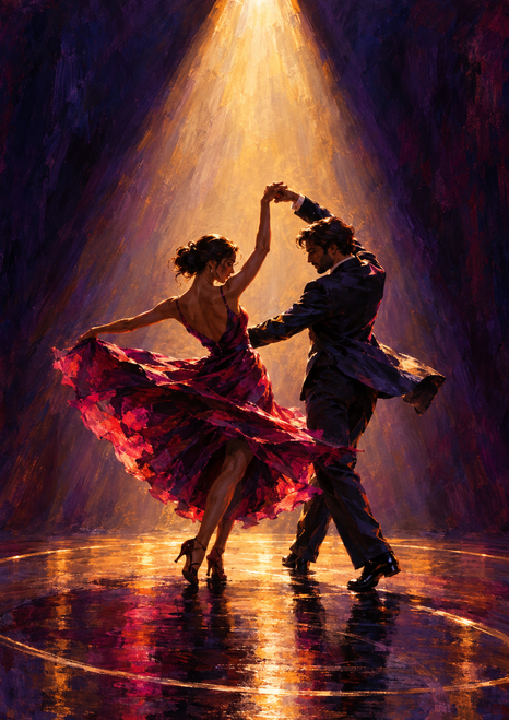 Two dancers turn together beneath an overhead spotlight, their clothing and reflections glowing with amber and fuchsia.