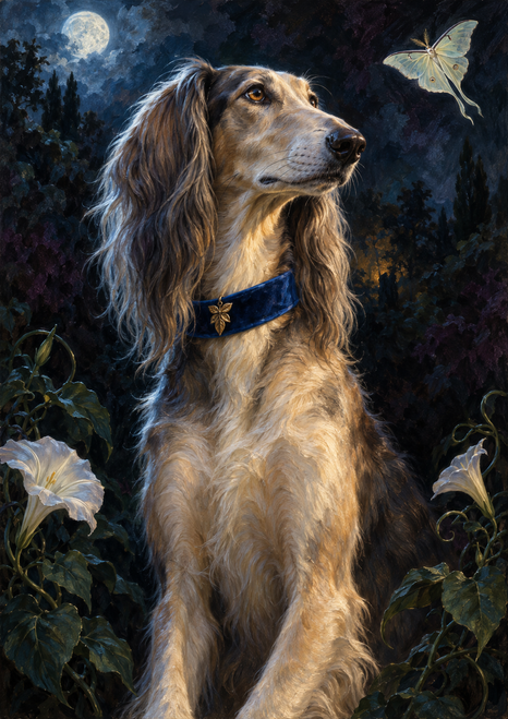 Seated long-haired dog wearing a blue collar, with a pale moth, moon and moonflowers against dark foliage.