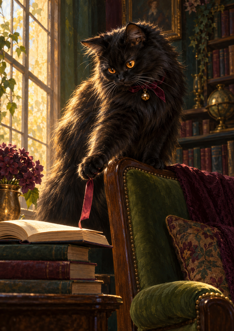 Fluffy black cat with copper eyes reaching toward a hanging red ribbon beside a green chair, open book, and sunlit shelves.