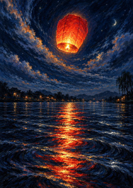 Glowing red-orange lantern suspended above a dark river with a bright central reflection, curved blue clouds, distant rooftops, and a drooping tree.