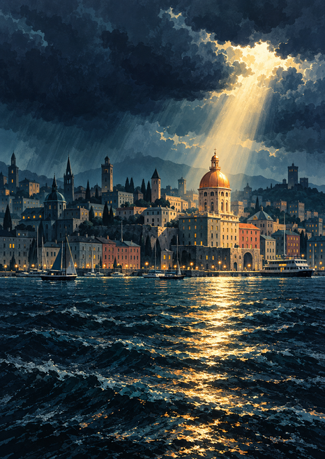 Waterfront skyline beneath indigo storm clouds, with golden sunlight illuminating a copper-domed tower and reflecting across the bay.