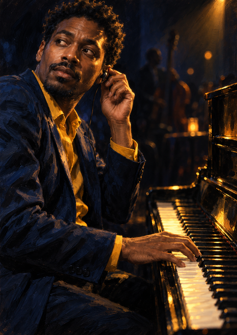 Adult musician in a midnight-blue jacket and yellow shirt beside an upright piano, one hand on the keys and the other raised near the ear under amber club lighting.