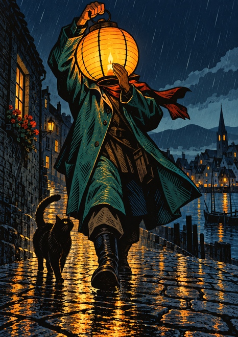 Night watch figure carrying a glowing orange lantern along a rain-soaked waterfront street as a black cat walks nearby.