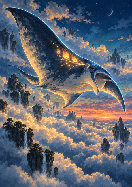 A large manta-ray-like creature with glowing amber markings glides above clouds, floating rock spires, and a crescent moon.