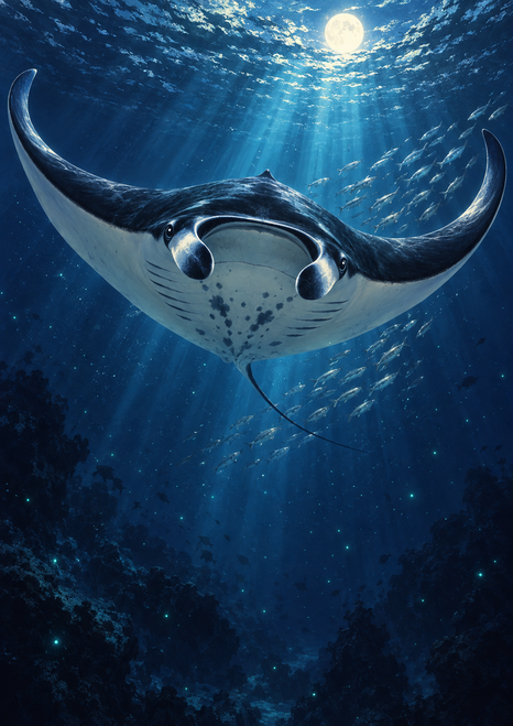 A large manta ray faces forward underwater as fish pass behind it beneath a bright moon, with cyan light shafts and reef silhouettes below.