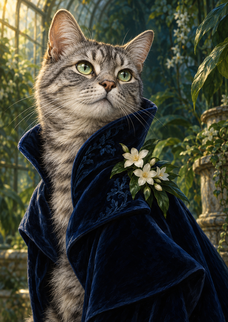 A silver-gray tabby cat in a dark blue high-collared coat with white flowers at the shoulder, against greenhouse foliage.