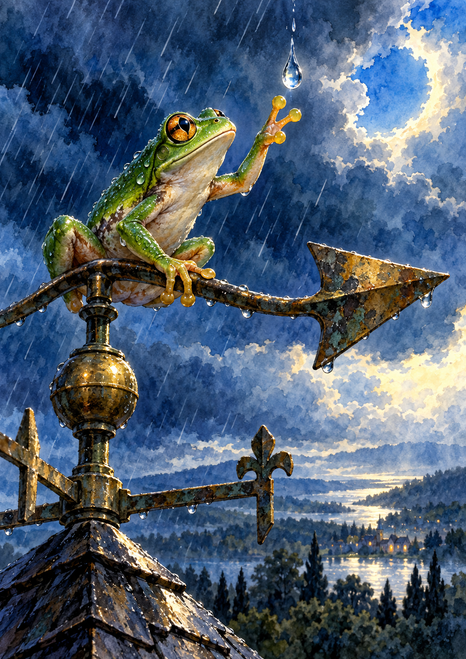 Green tree frog perched on ornate weather-vane metalwork reaches toward a suspended raindrop beneath storm clouds.
