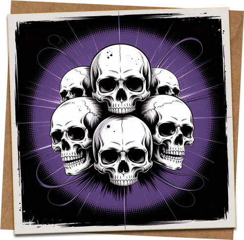 Skull Stack Gothic Greeting Card 145mm x 145mm – Purple Black Horror Design, Blank Inside, Halloween Birthday Card with Kraft Envelope