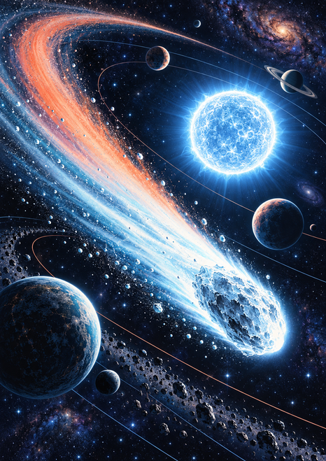 A bright comet with an orange-and-cyan tail crosses a star field near a blue-white star, planets, and curved orbit lines.