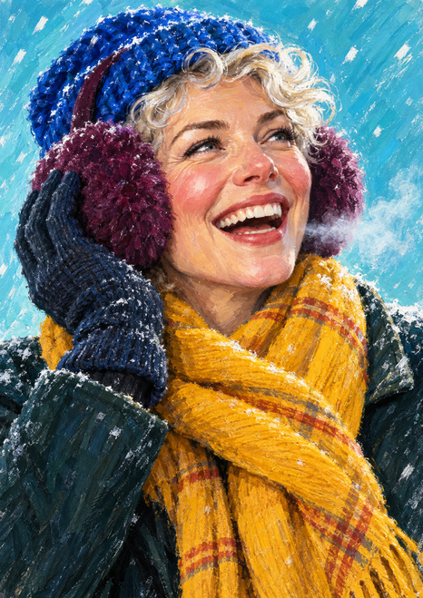 Painterly close-up of a laughing woman in a cobalt cap and plum earmuffs, with a gloved hand raised and a golden scarf against an icy turquoise background.