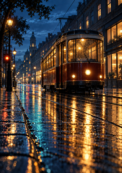 Red-brown tram on a rain-slick city street at night with overhead wires, glowing buildings, and gold-blue pavement reflections.