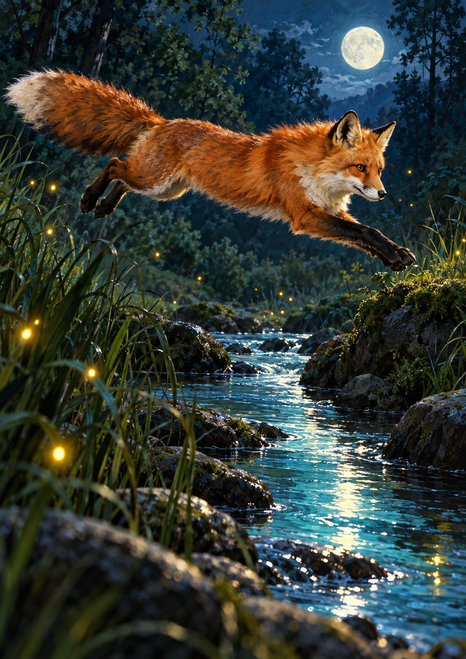 Russet-red fox leaping above a reflective woodland creek beneath a full moon, with reeds and glowing lights along the banks.