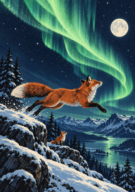 A large red fox leaps across snowy rocks while a smaller fox watches beneath a green aurora and full moon.
