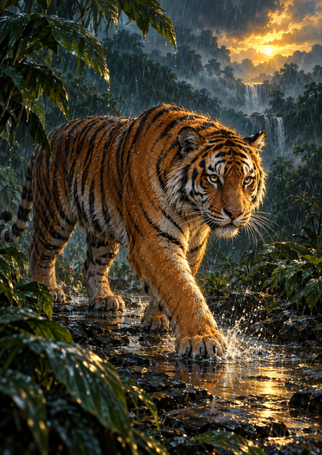 An adult tiger strides through shallow reflective water in a rain-soaked green forest, with warm golden canopy light behind it.