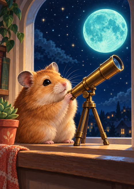 Golden-brown hamster beside a brass telescope on a wooden sill, looking toward a turquoise moon through an arched window.