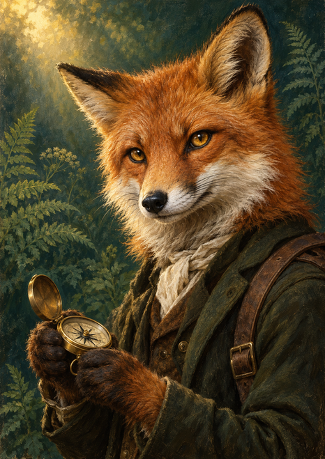 Red fox in dark old-fashioned clothing holding an open brass compass against a deep green background with ferns.
