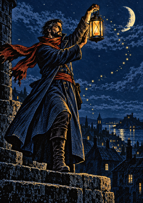 A bearded figure in a dark coat and rust-red scarf raises a glowing lantern above a stone parapet beneath a crescent moon.
