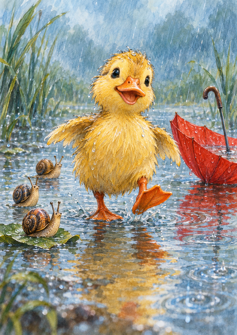 Yellow duckling stepping through a rainy puddle beside three snails and an open red umbrella.