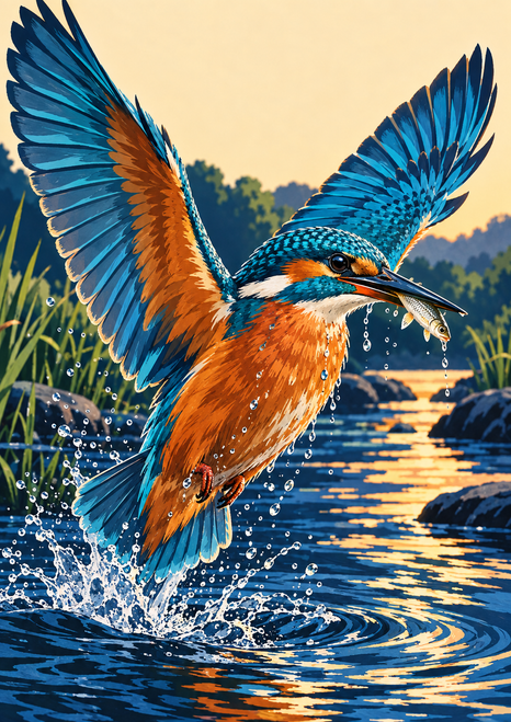 Colorful kingfisher rising above a river with a fish in its beak, wings raised and water splashing below.