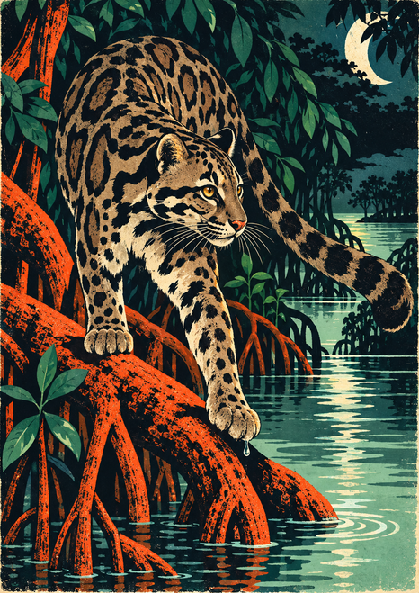 Illustrated clouded leopard stepping across orange mangrove roots above jade water, framed by dark leaves and a crescent moon.