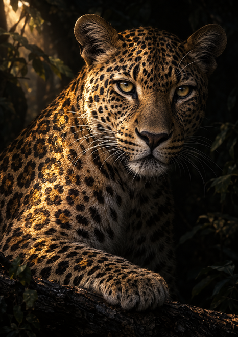 Close portrait of an alert leopard with golden highlights, resting its forepaw on a dark branch against shadowy foliage.