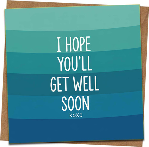 Get Well Soon Card, 145mm x 145mm Square Greeting Card, Blue Design, Blank Inside, Includes Kraft Envelope, I Hope You’ll Get Well Soon, Encouragement/Recovery Card for Friends & Family