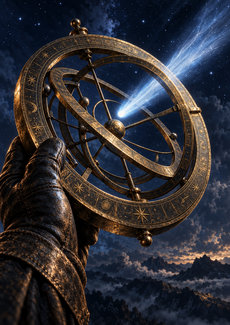A dark gloved hand holds a large bronze ringed astronomical instrument as a bright comet crosses the rings above a mountain horizon.