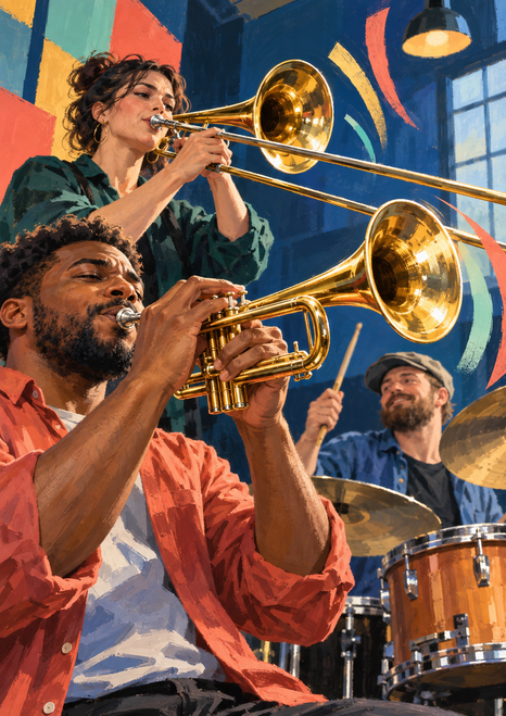 Three adult musicians in a colorful rehearsal scene, with a foreground trumpeter, a trombonist behind, and a drummer at the rear.