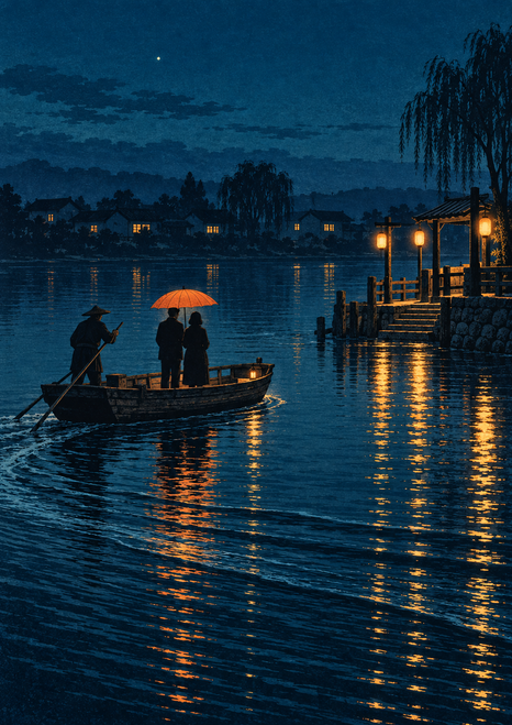 Three silhouetted figures ride a small wooden ferry across a dark river; two shelter beneath an orange umbrella as lanterns glow at the landing.