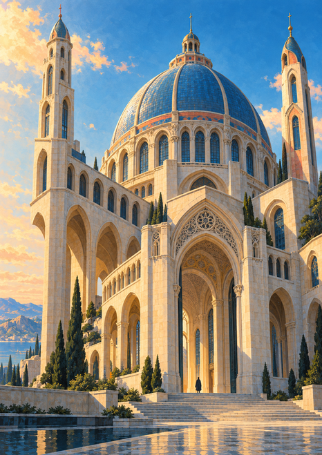 Monumental pale-stone civic hall with a blue dome, two slender towers, arcades, ornate entrance, and reflecting pool.