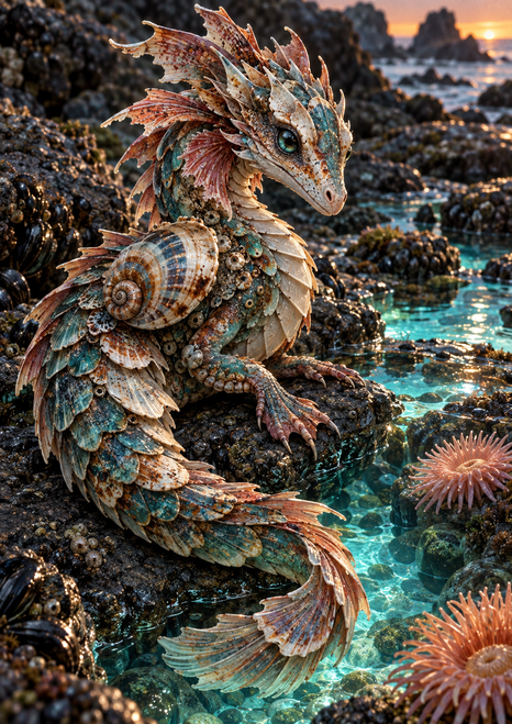 A curled shell-scaled sea dragon with a spiral shell on its shoulder beside a turquoise tide pool and pink anemones.