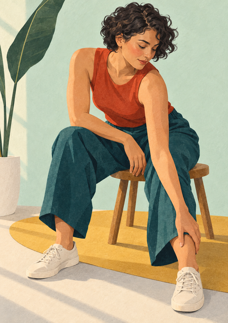 An adult woman in a rust-red top and teal trousers leans forward on a wooden stool toward her ankle, beside a plant and mustard mat.