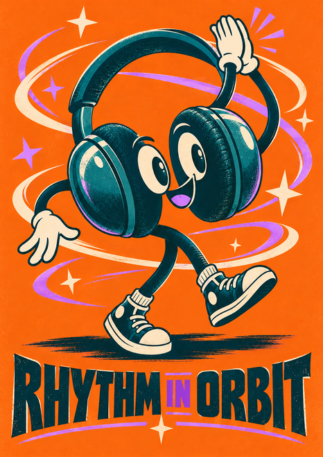 Smiling teal headphones with arms and sneakered legs dance amid colorful sound ribbons and stars above the words “RHYTHM IN ORBIT.”