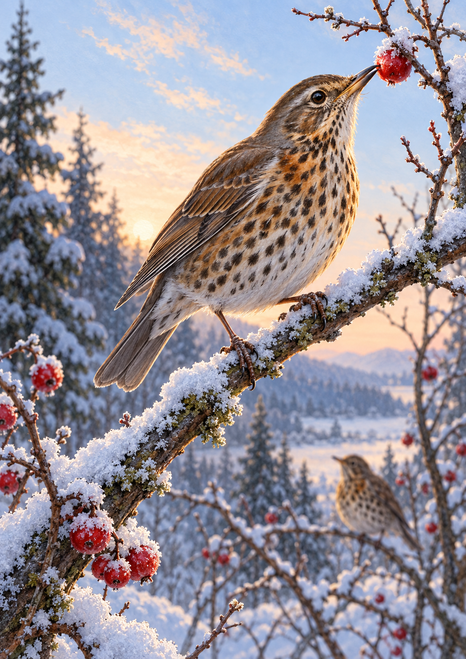Speckled brown thrush-like bird reaching toward a red berry on a snow-dusted branch, with a second bird blurred in the winter woods.