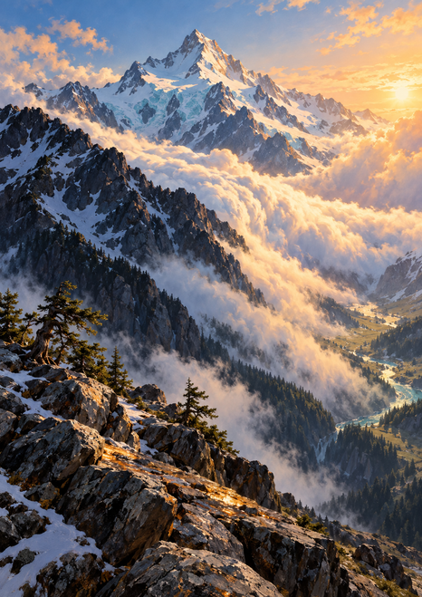 A snowy alpine peak rises above dark conifer-dotted ridges and a cloud-filled valley lit by warm sunlight.
