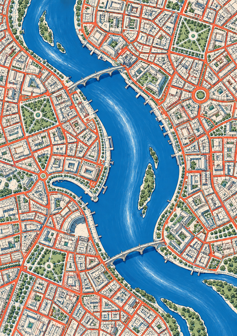Overhead decorative plan of an invented riverside city, with a winding blue river, dense street blocks, bridges, red-orange streets, and green spaces.