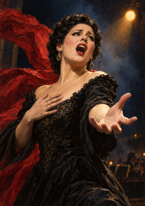 Adult woman opera singer in a black gown singing with one hand on her chest and the other extended, a crimson scarf flowing behind her.