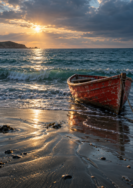 Weathered red rowboat partly cropped at the right edge, resting in shallow surf above reflective wet sand with a low headland and sunlit clouds.